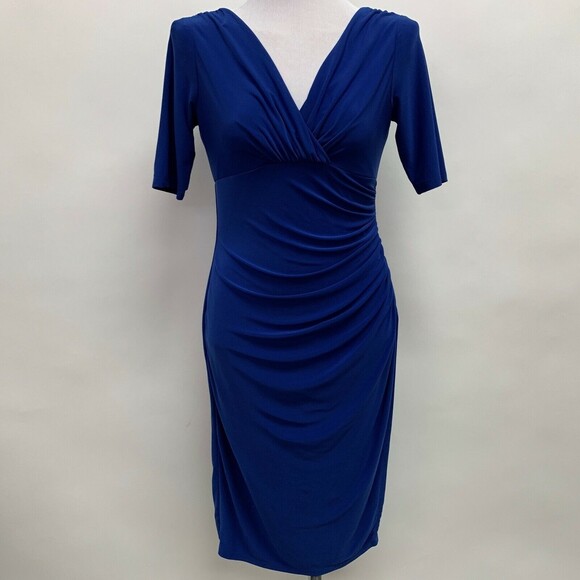 Evan Picone Women's Dress Size 4 Blue Bodycon V-Neck Faux Wrap - Picture 1 of 10